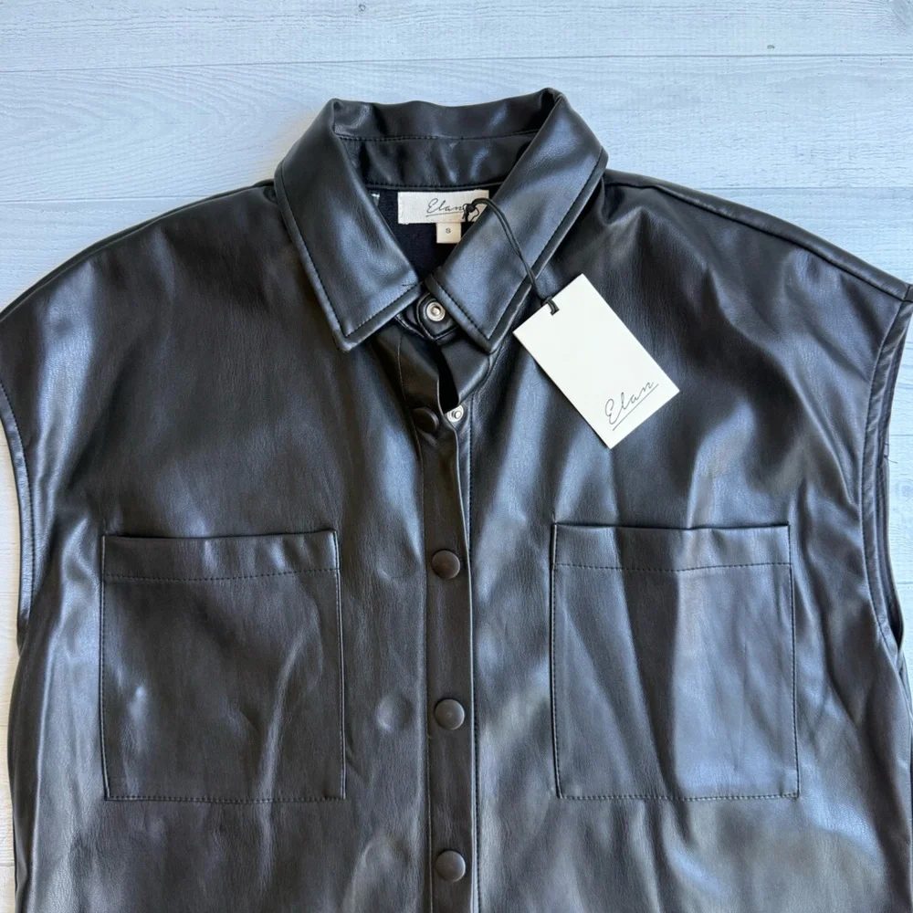 NWT Elan Black Faux Leather Florence Sleeveless Button Down Collared Top S - Picture 8 of 8